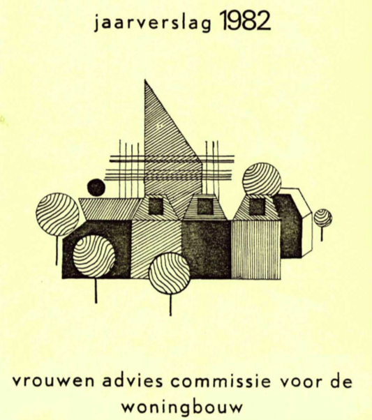 Grafisch beeld van huizen op de cover van het jaarverslag van de VAC, de Vrouwen Advies Commissie uit 1982