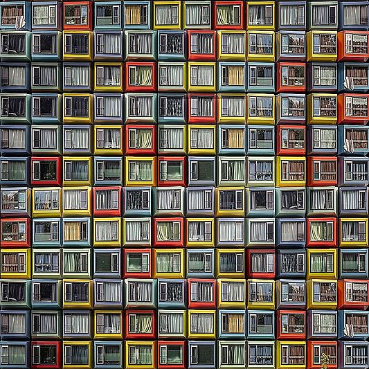 Spaceboxen, Odeonpad, Almere Stad, door fotograaf Paul Brouns. Architect: Mart de Jong