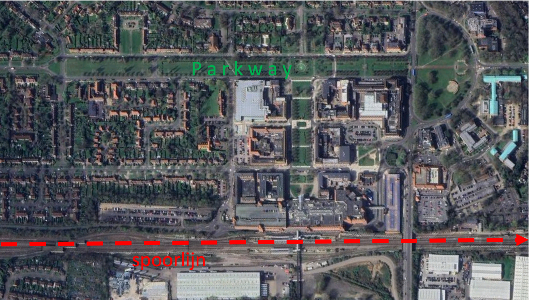 Google maps beeld van Parkway, een straat in Welwyn in Engeland die lijkt op de Evenaar