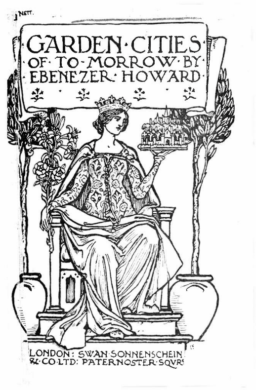 Zwart wit tekening opa de cover van het boek Garden Cities of To-Morrow, 