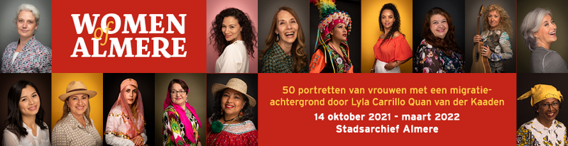 Banner voor de tentoonstelling Women of Almere met diverse portretten van Almeerse vrouwen met een migratie-achtergrond